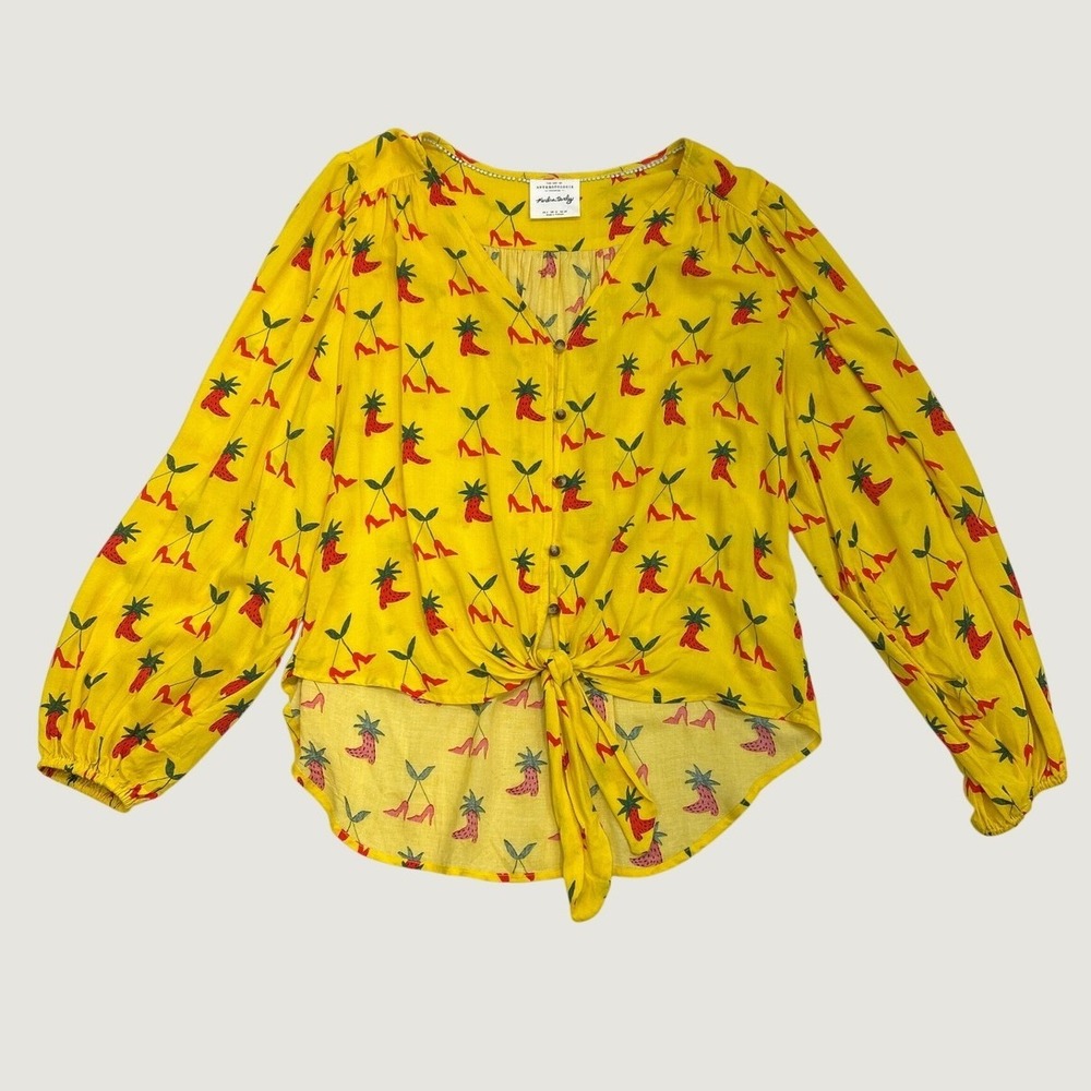 Anthropologie Kendra Dandy Blouse 6 Yellow Shoe Strawberry Tie Top Whimsical